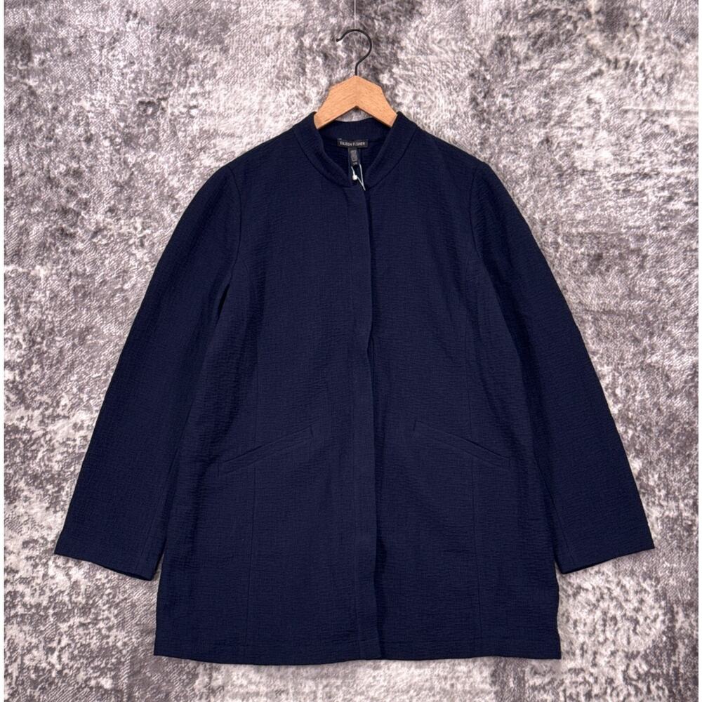 New Eileen Fisher Jacket Large Womens Blue Textural Cotton Tencel Stretch